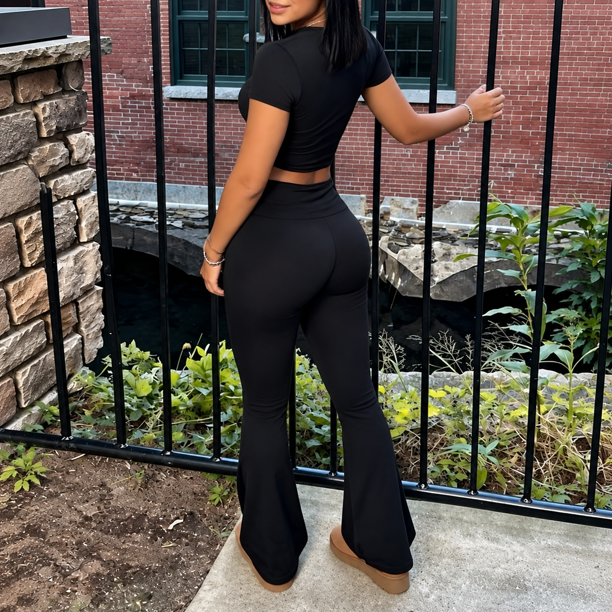 2 Pieces Short Sleeve Top And Flare Pants Outfit For Women