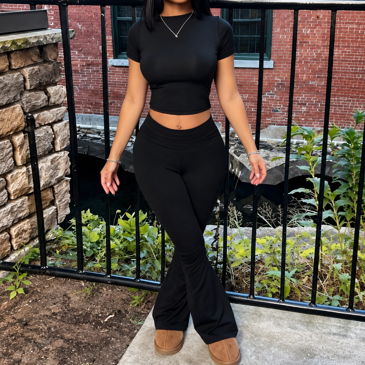 2 Pieces Short Sleeve Top And Flare Pants Outfit For Women