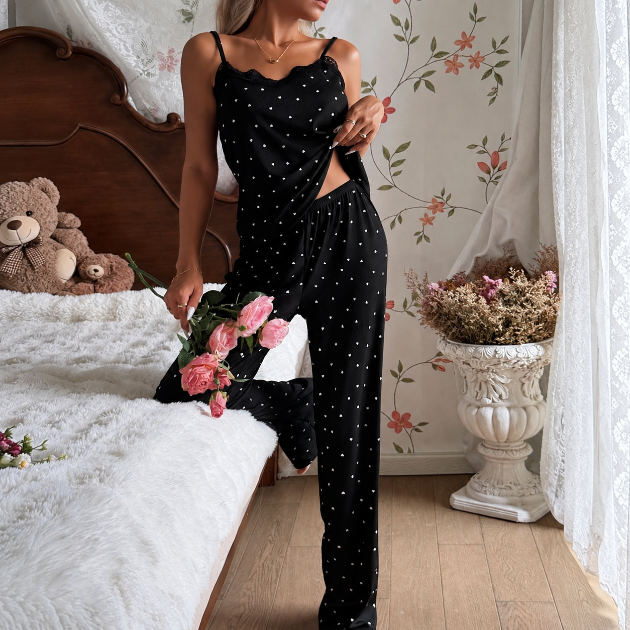 2 Pieces Polka Dot Camisole And Pants Set For Women