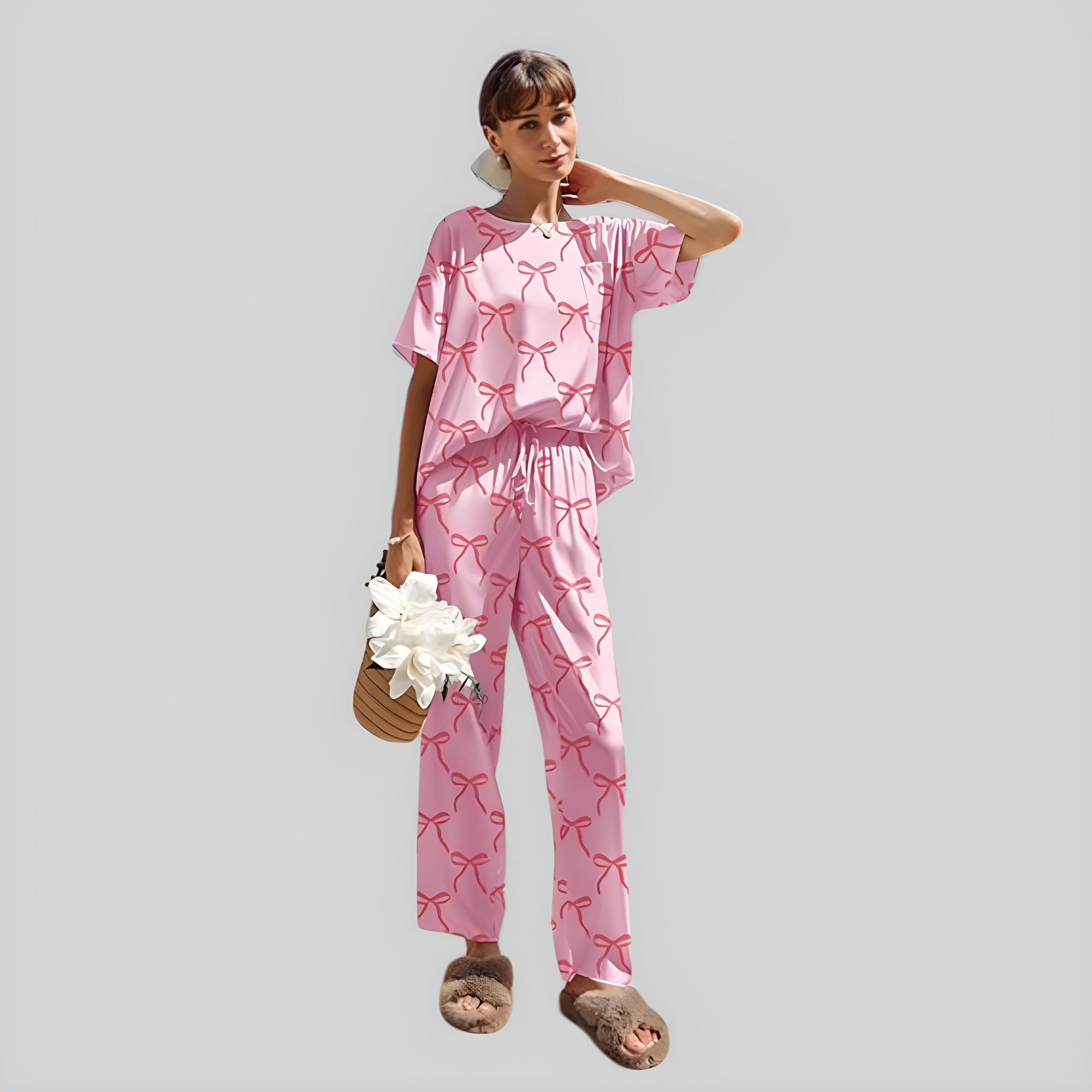 Women Satin Pajama Set Short Sleeve Top with Long Pants Sleepwear