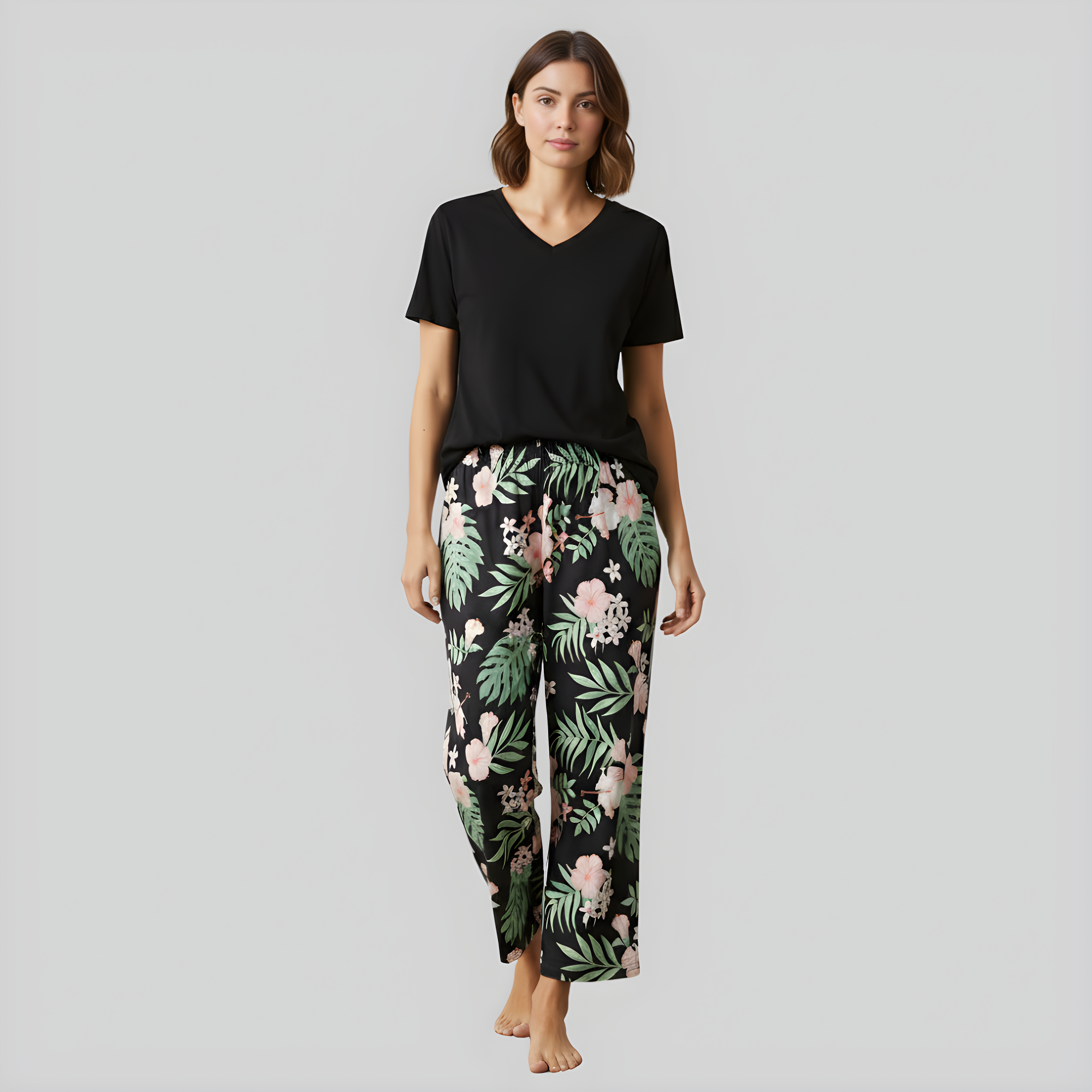 V Shape Sleepwear Top And Capri Pajama Lounge Sets