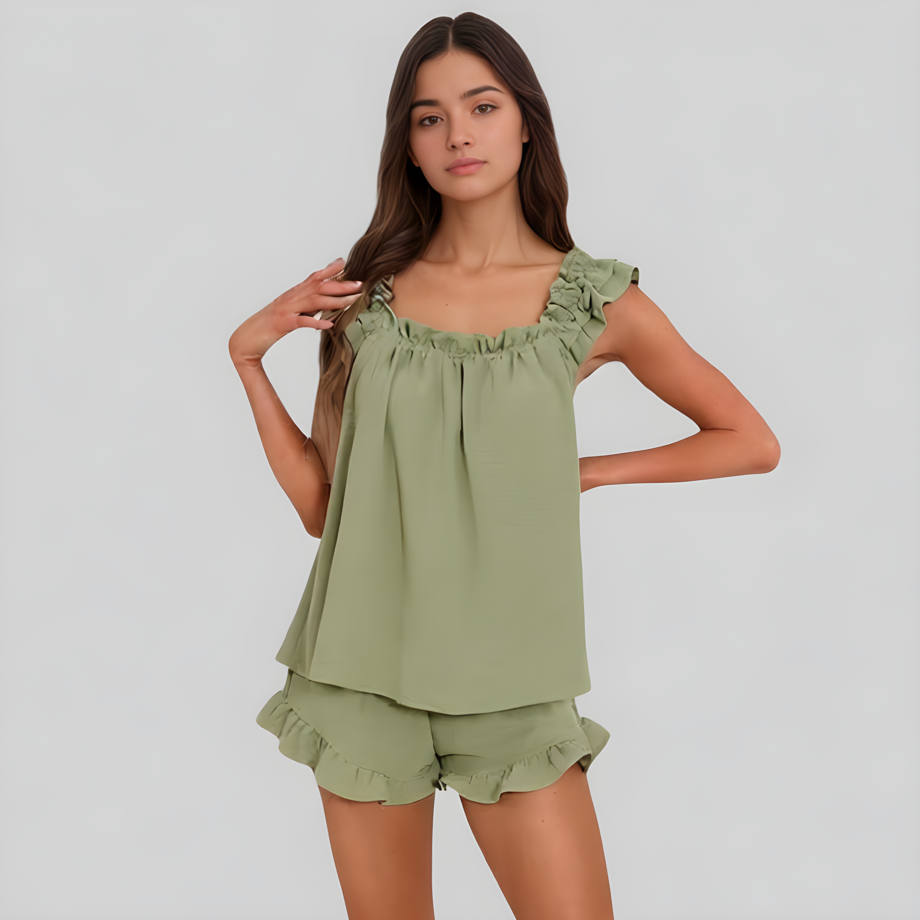 Women Ruffle Pajama Set 2 Piece Soft Tank Top And Shorts Sleepwear