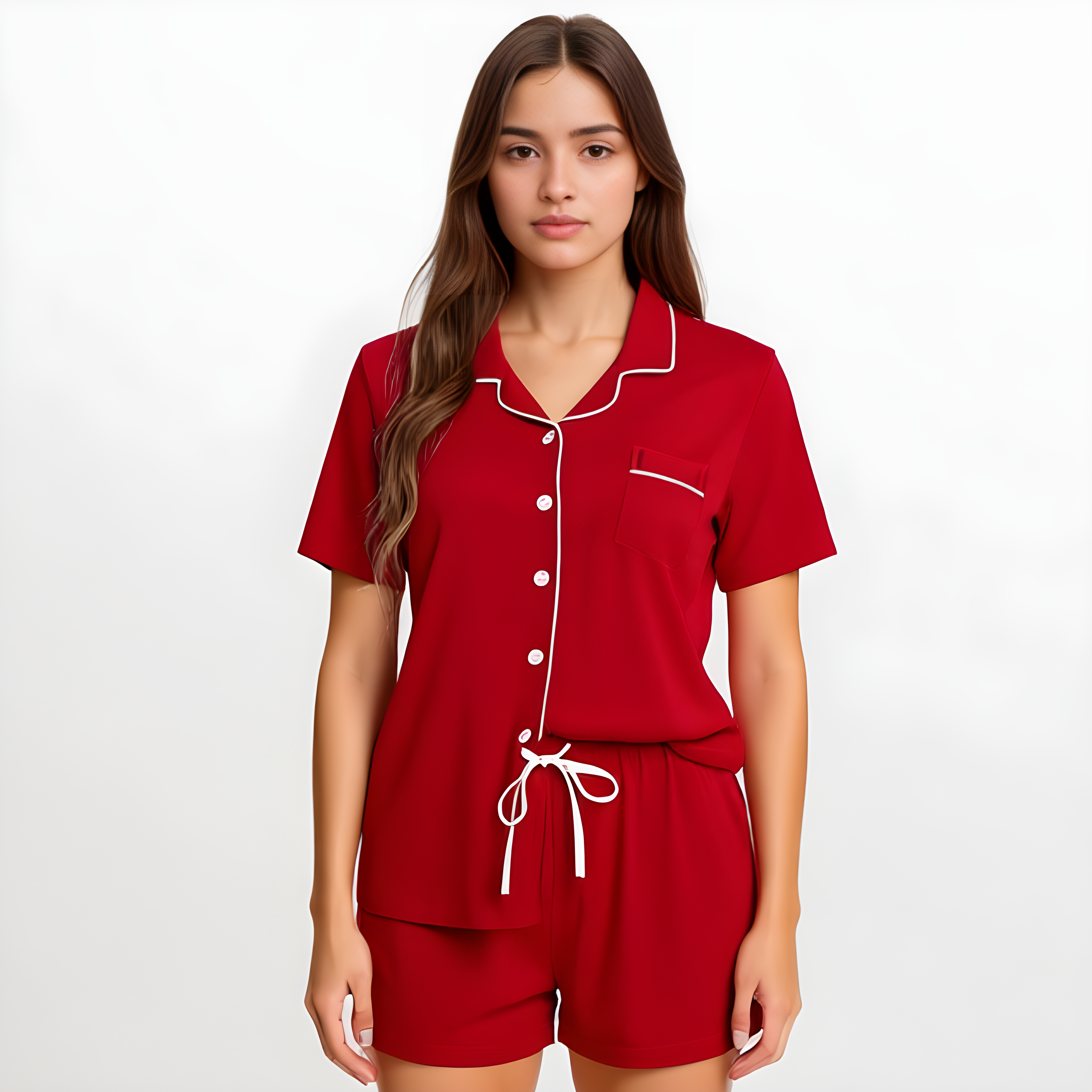 Women Button Down Pajamas Set Short Sleeve Satin Sleepwear
