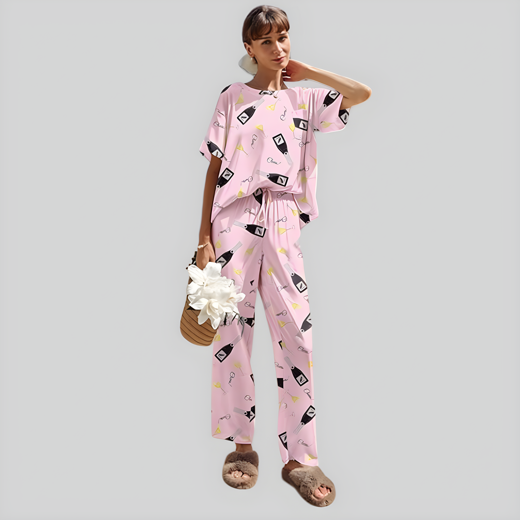 Women Satin Pajama Set Short Sleeve Top with Long Pants Sleepwear