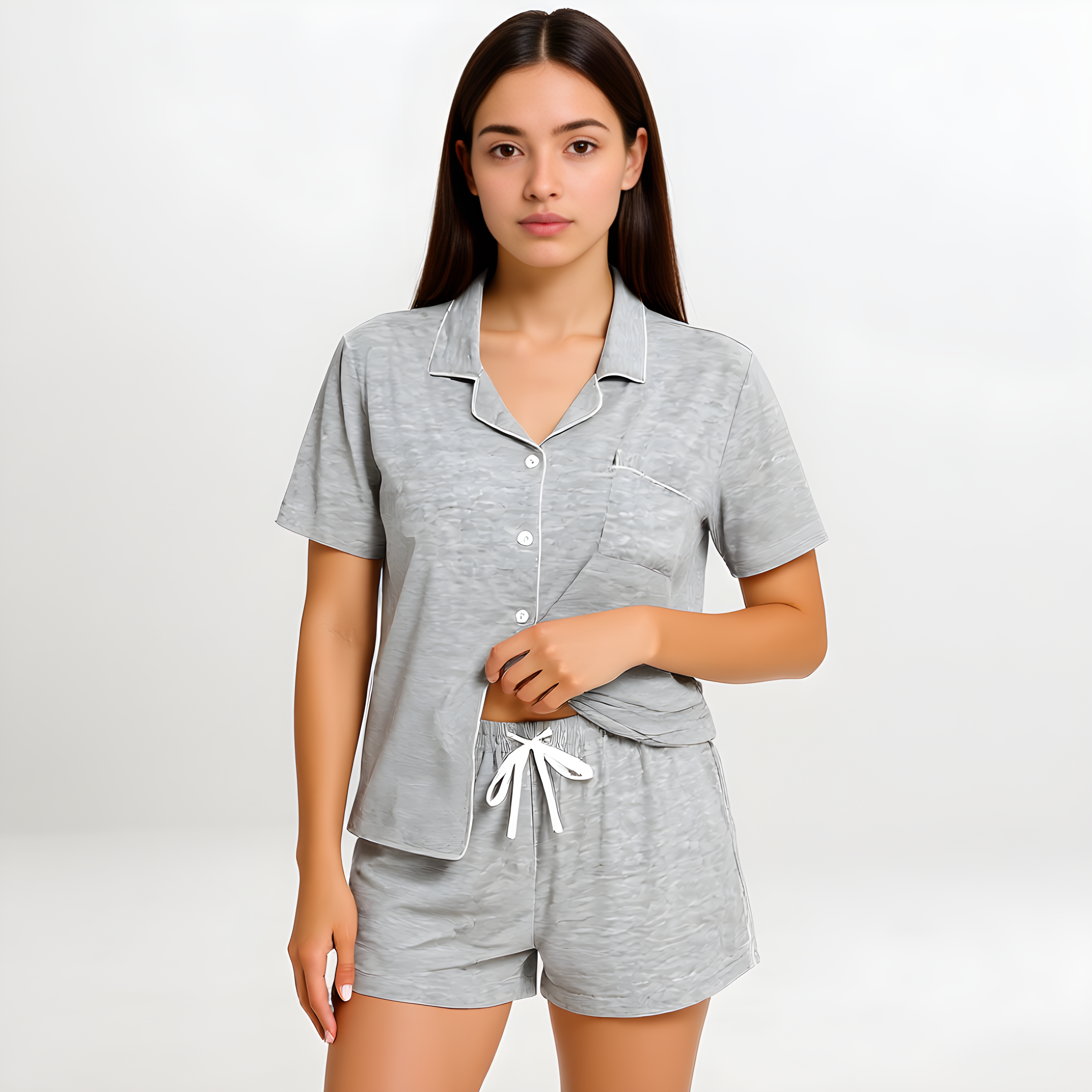 Women Button Down Pajamas Set Short Sleeve Satin Sleepwear