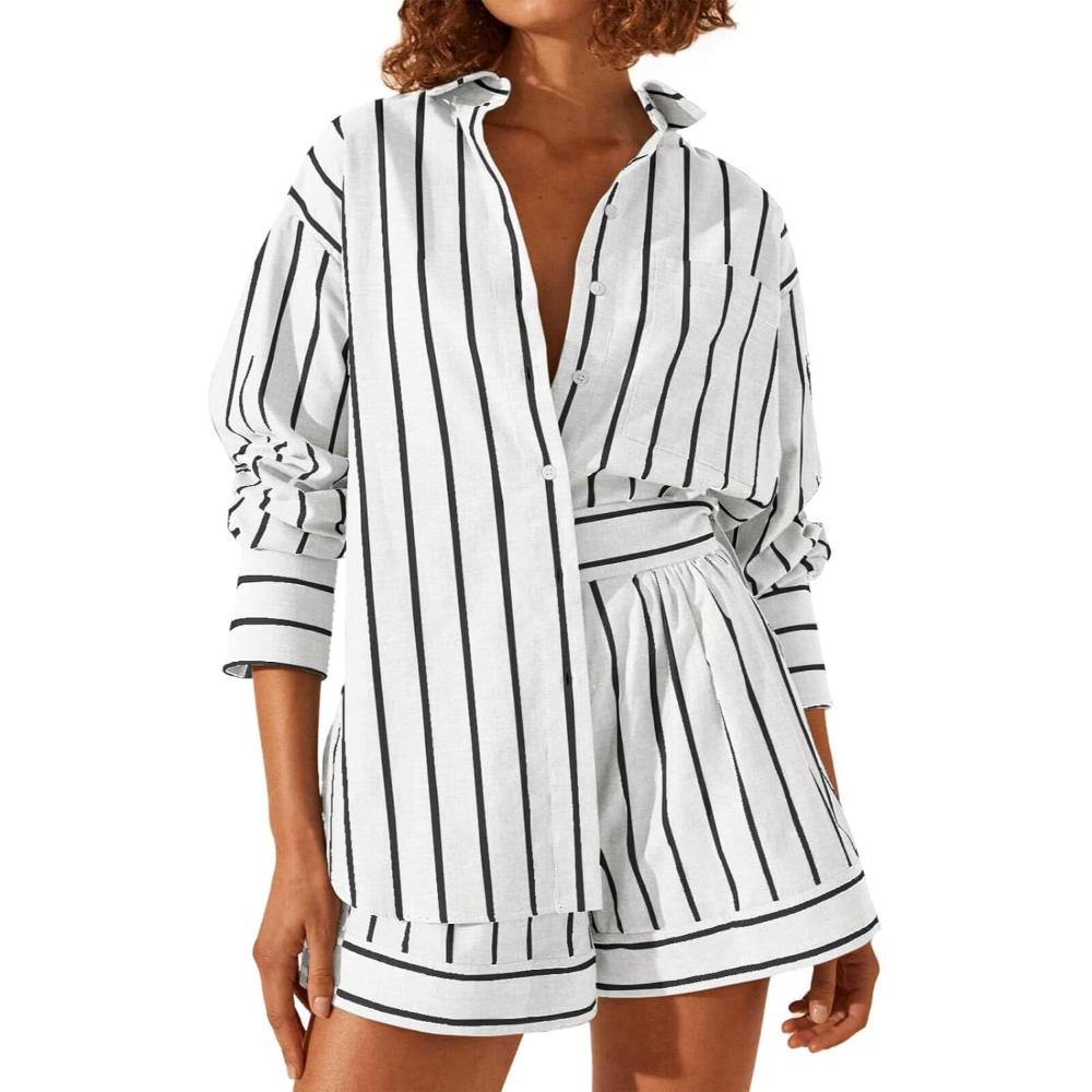 Striped Sleeve Down Collared Shirt Sets For Women
