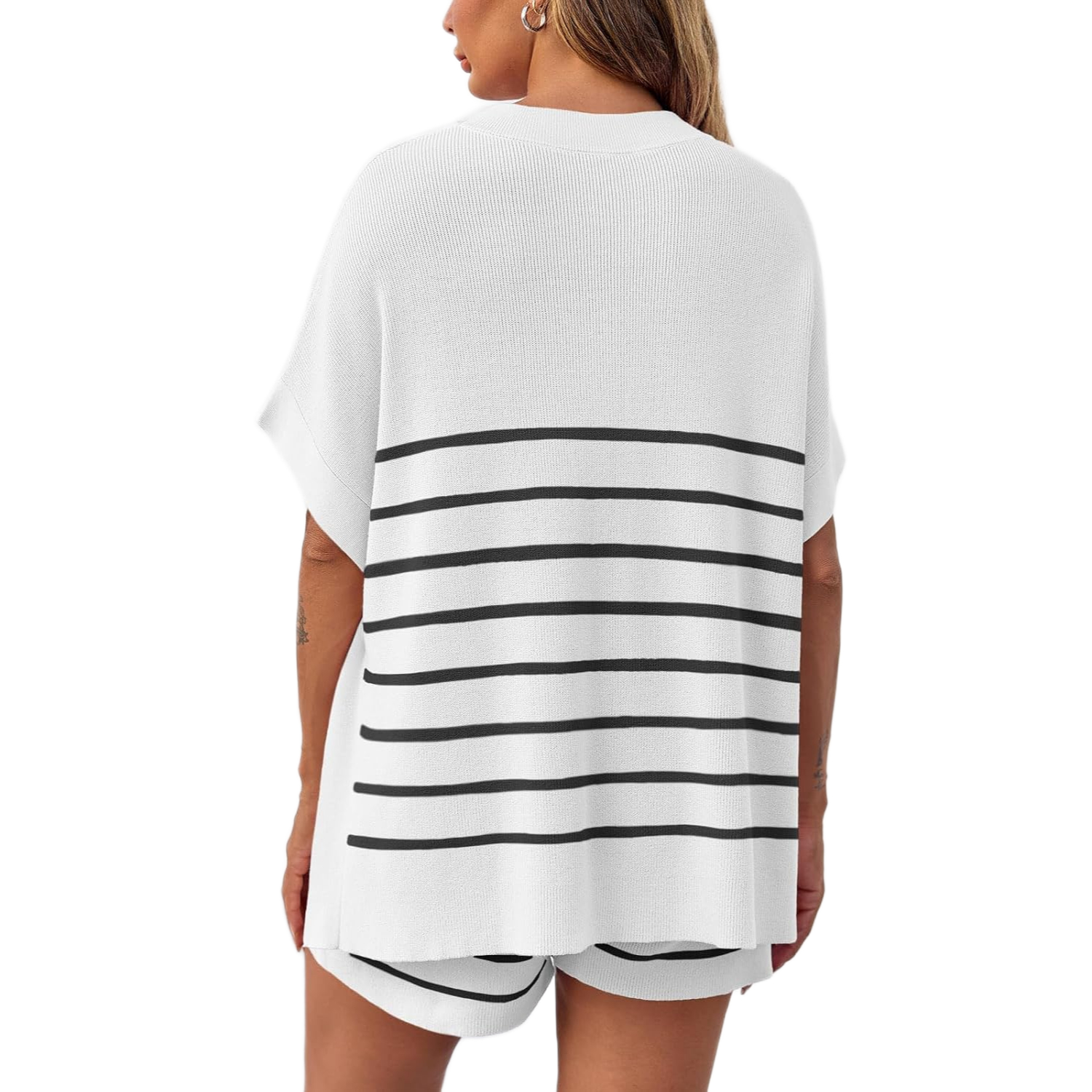 Striped Knit Batwing Short Sleeve Tops And Shorts Set For Women