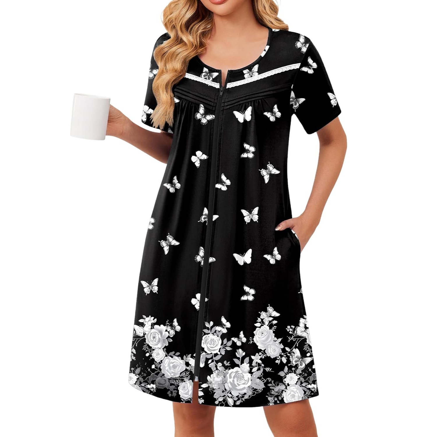 Lightweight Short Sleeve Zipper Robes with Pockets For Women