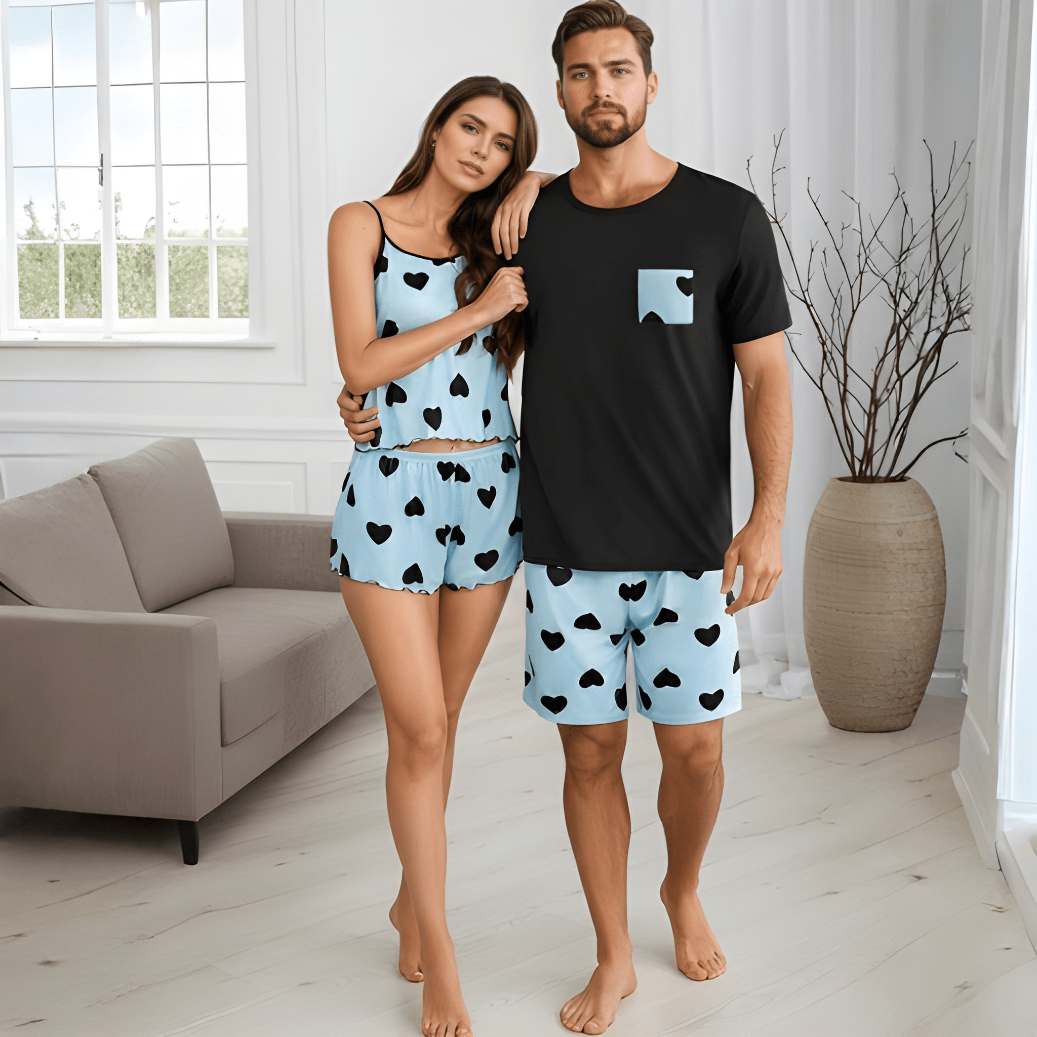 Short Sleeve Printed Two Piece Matching Pajama Set For Couple
