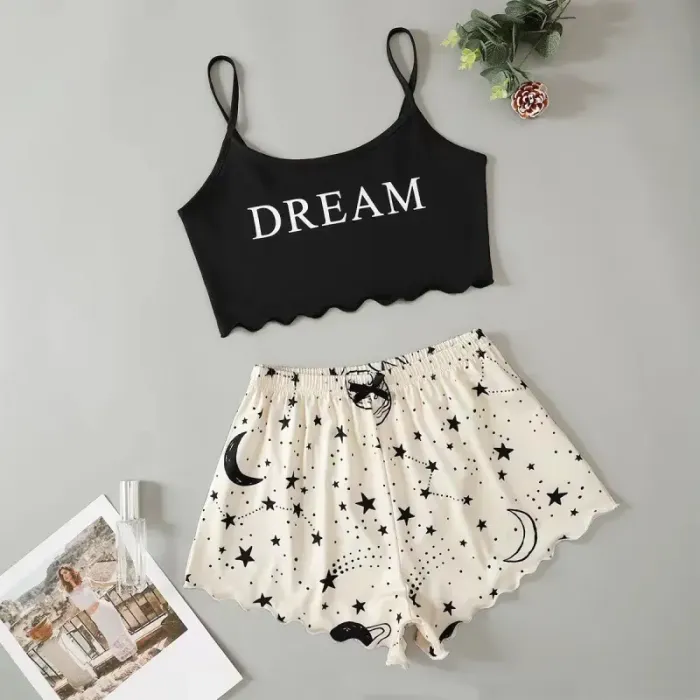 Soft Spaghetti Strap Cami And Printed Shorts Pajama Set For Women