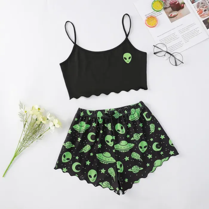 Soft Spaghetti Strap Cami And Printed Shorts Pajama Set For Women