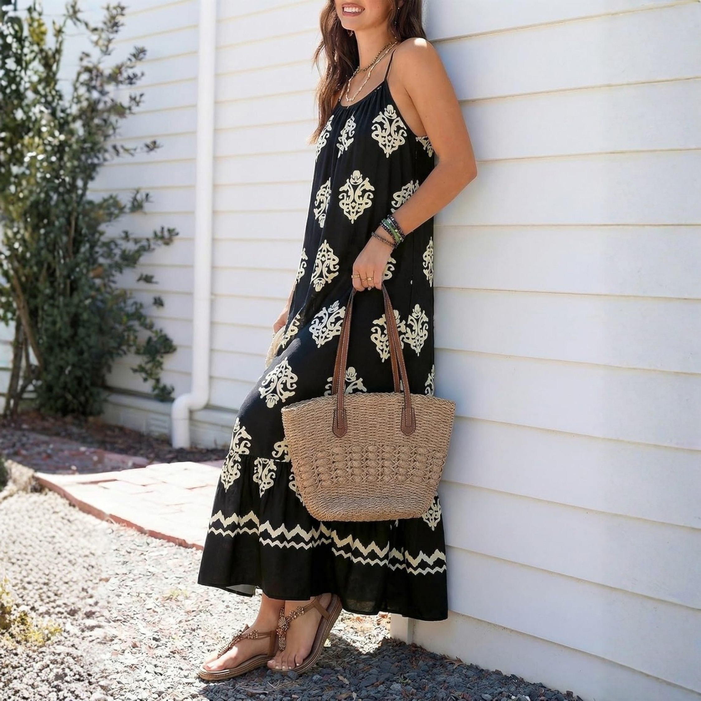  Flowy Ruffle Casual Style Spaghetti Strap Maxi Dress