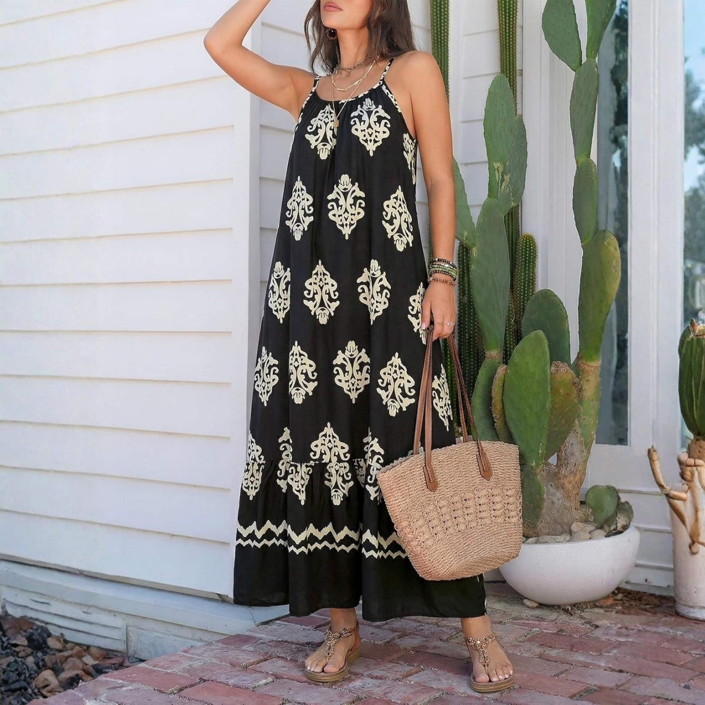  Flowy Ruffle Casual Style Spaghetti Strap Maxi Dress