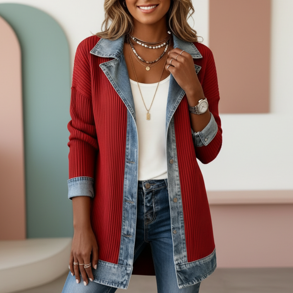 Casual Denim Patchwork Jacket With Loose Collar