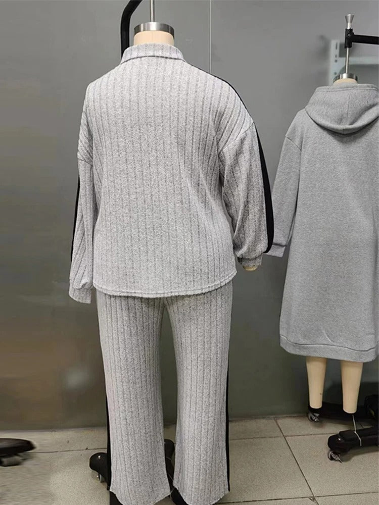 Knitted  Loose Fit Striped Patterned Tops And Pants Set-My Comfy Blouse