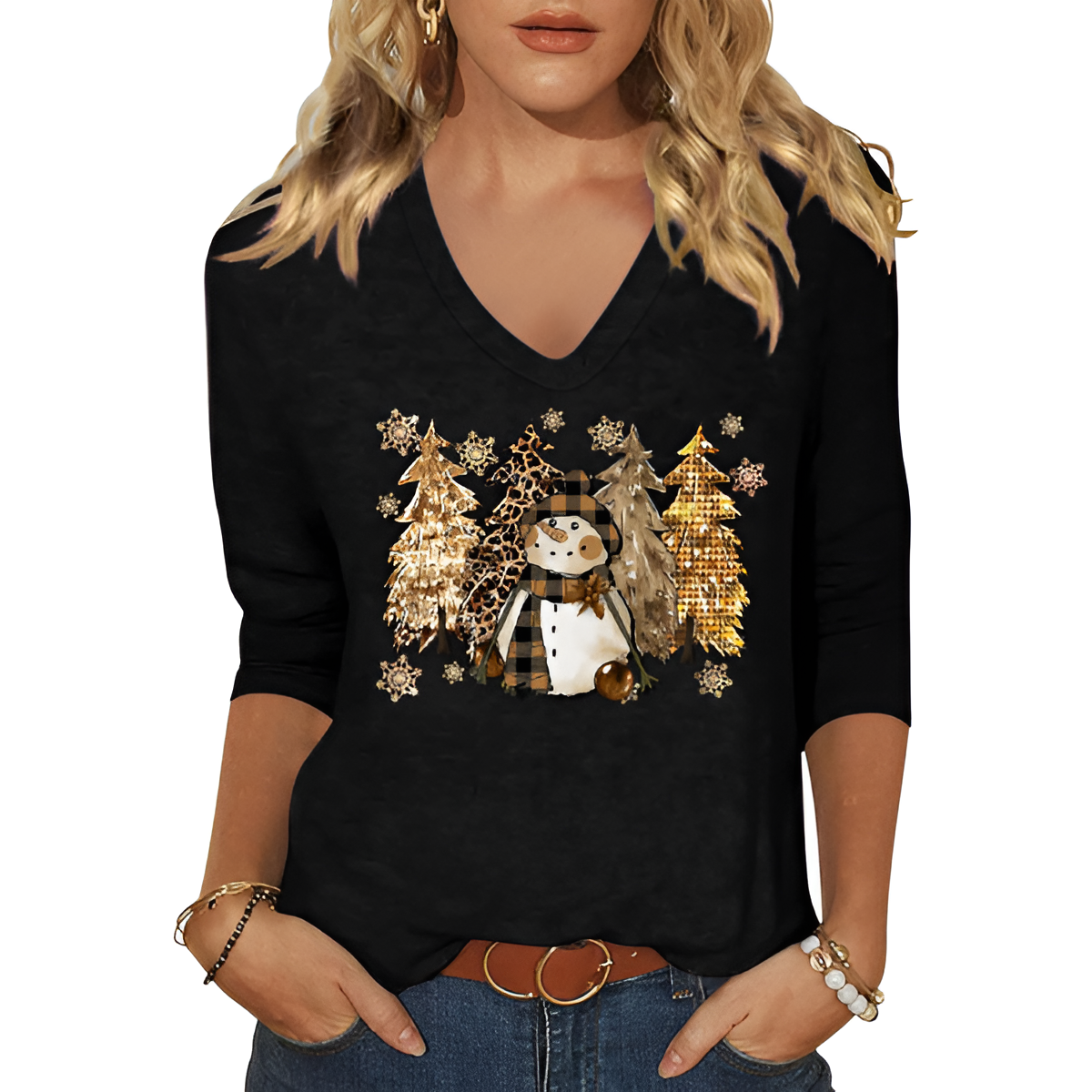 Christmas Graphic T Shirt With Three By Forth Sleeves For Women