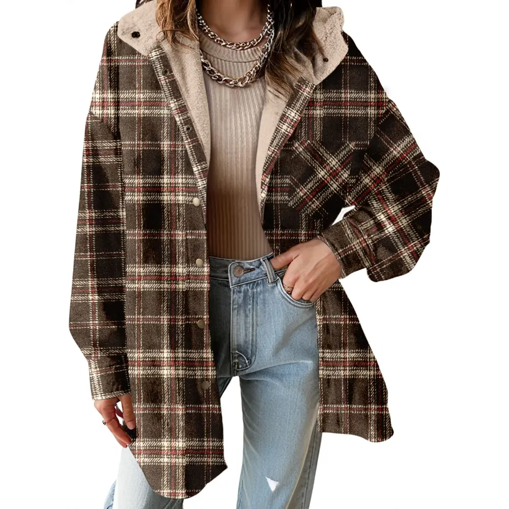 Casual Button Down Plaid Fleece Jacket With Hood For Women