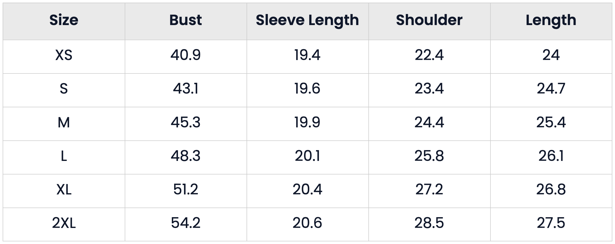Size Chart for Classic Motorcycle Style Zip Up Jacket for Women