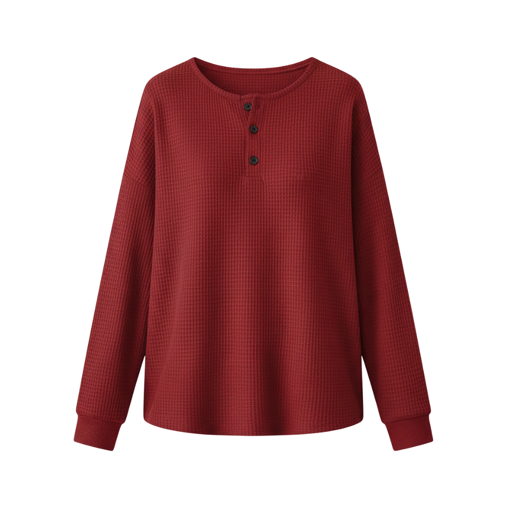 Long Sleeve Waffle Sweatshirt For Women With Front Buttons