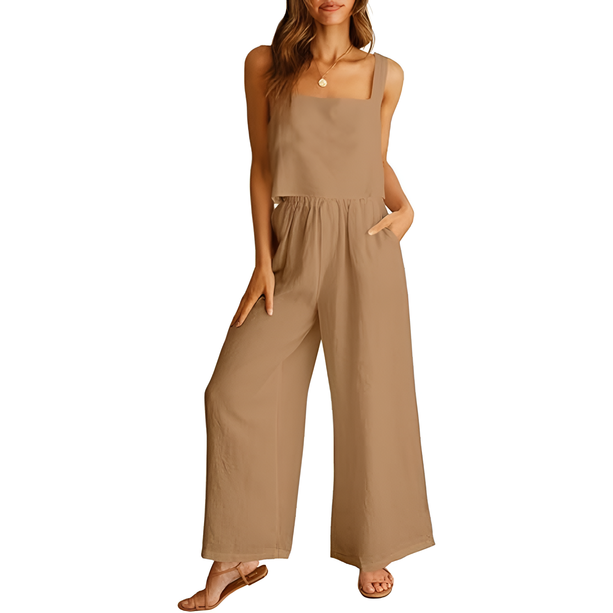 2 Piece Linen Pants Jumpsuit Matching Lounge Set For Women