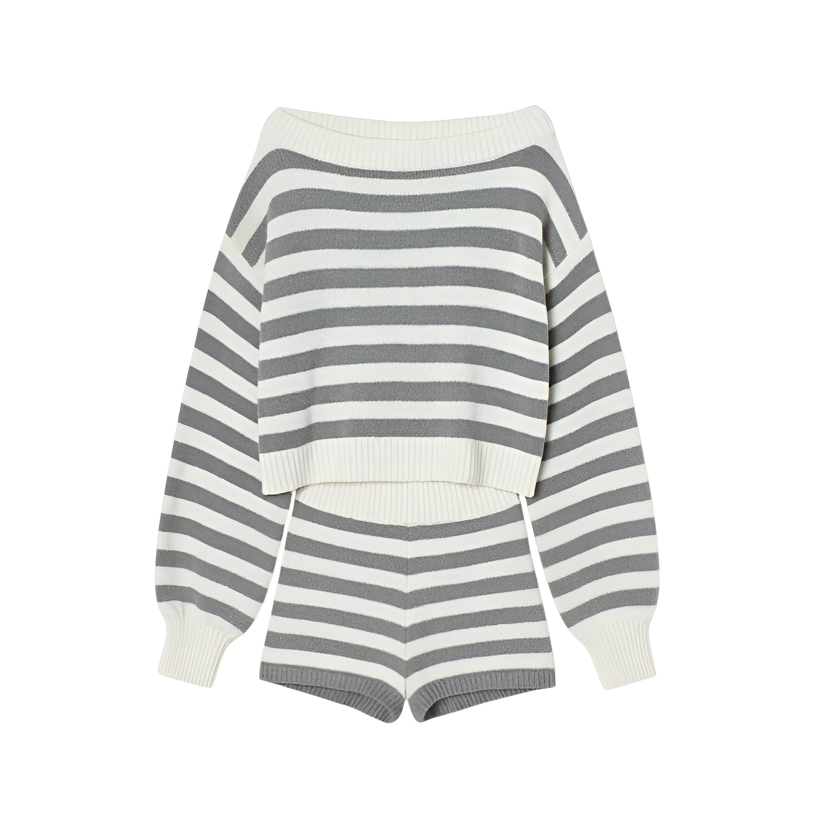 Striped Knit Two Piece Set With Long Sleeves Top And Shorts-My Comfy Blouse