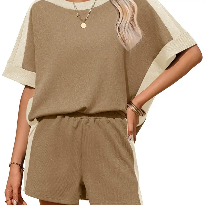 2 Piece Of Summer Wear Oversized Short Sleeve Top And Shorts Matching Outfit Set For Women