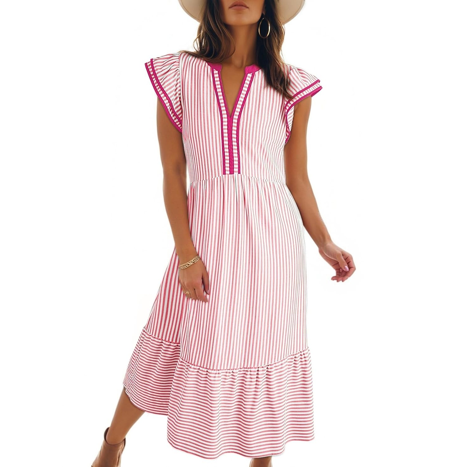 Summer Striped Ruffle Sleeve Midi Dress With Pockets