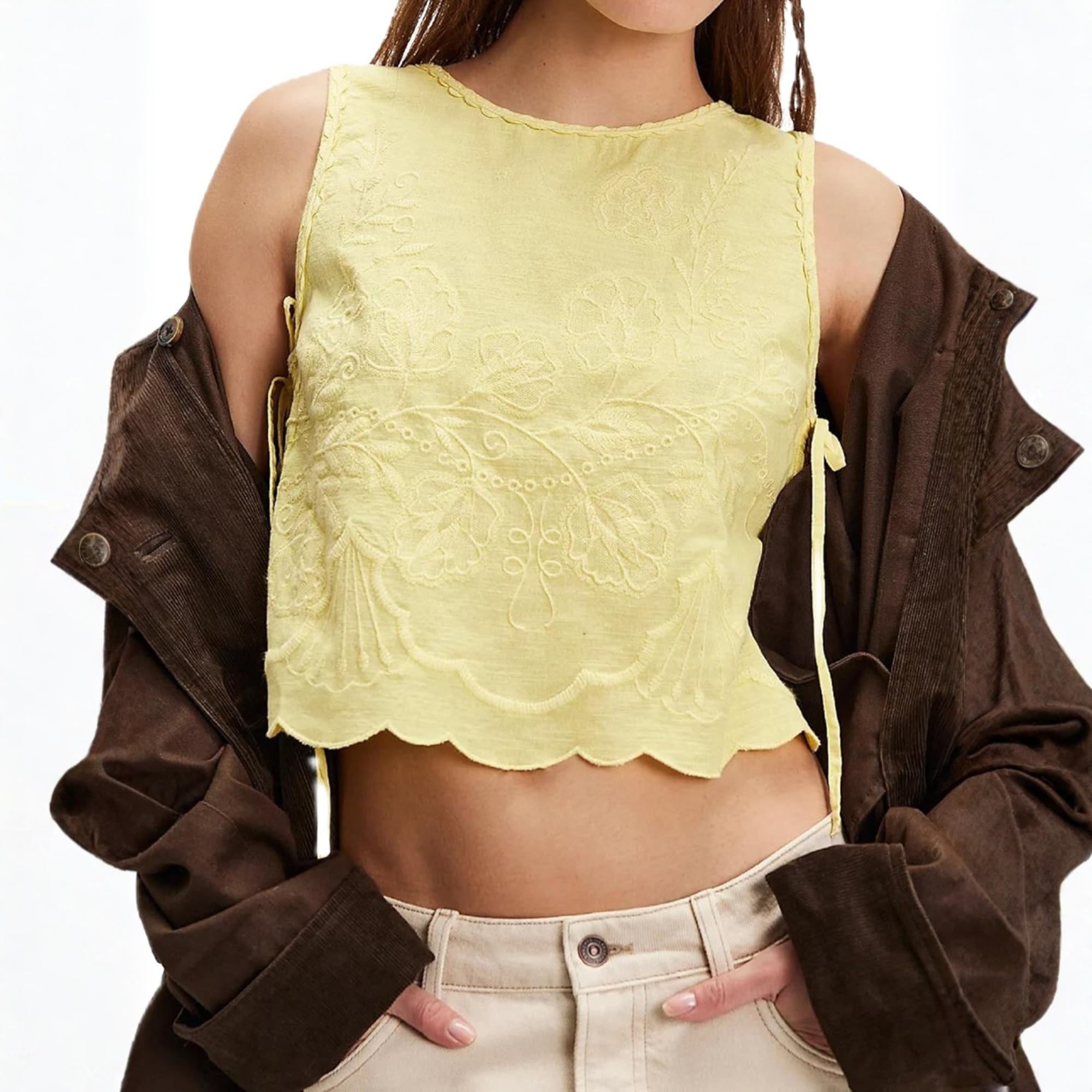 Women Tie Up Tank Floral Embroidered Cropped Going Out Camisole