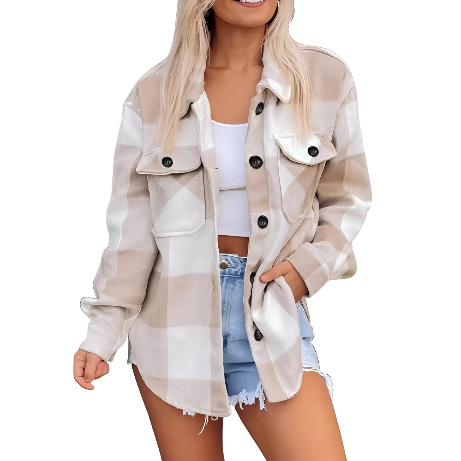 Plaid Flannel Shacket With Long Sleeve Button Down Style For Women