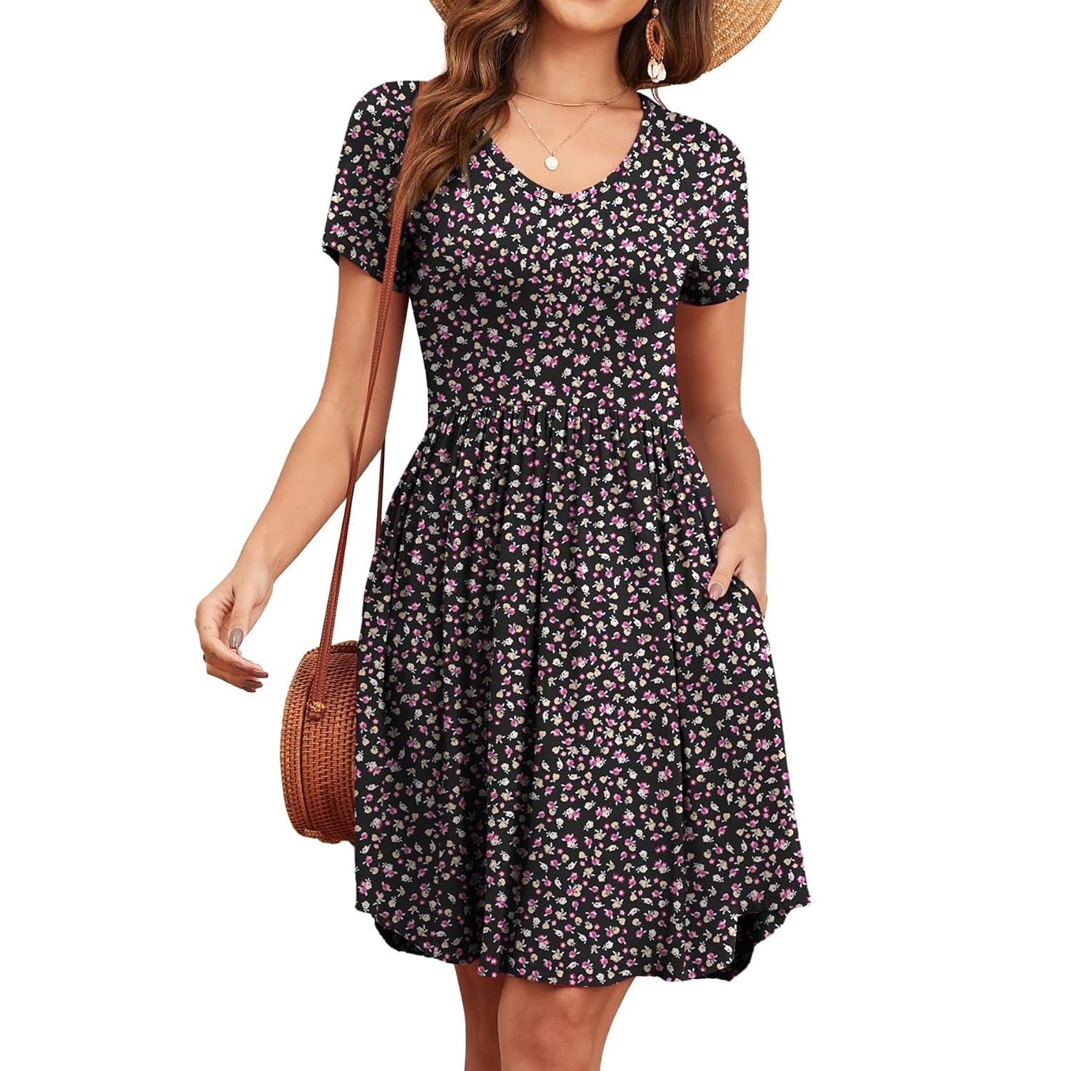 Summer Short Sleeve Loose Fit Dress With Pockets