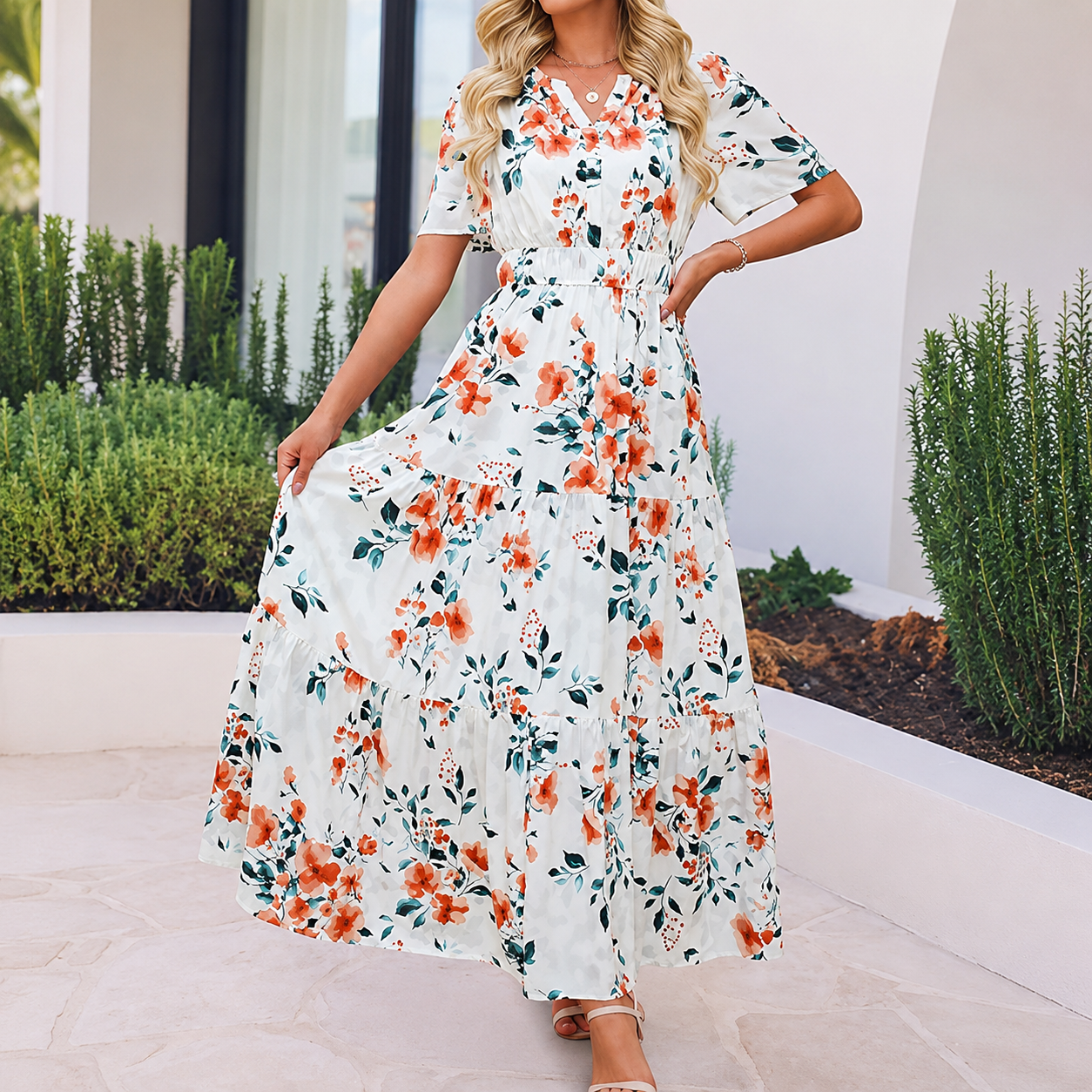Summer And Spring Floral Casual V Neck Maxi Dresses For Women