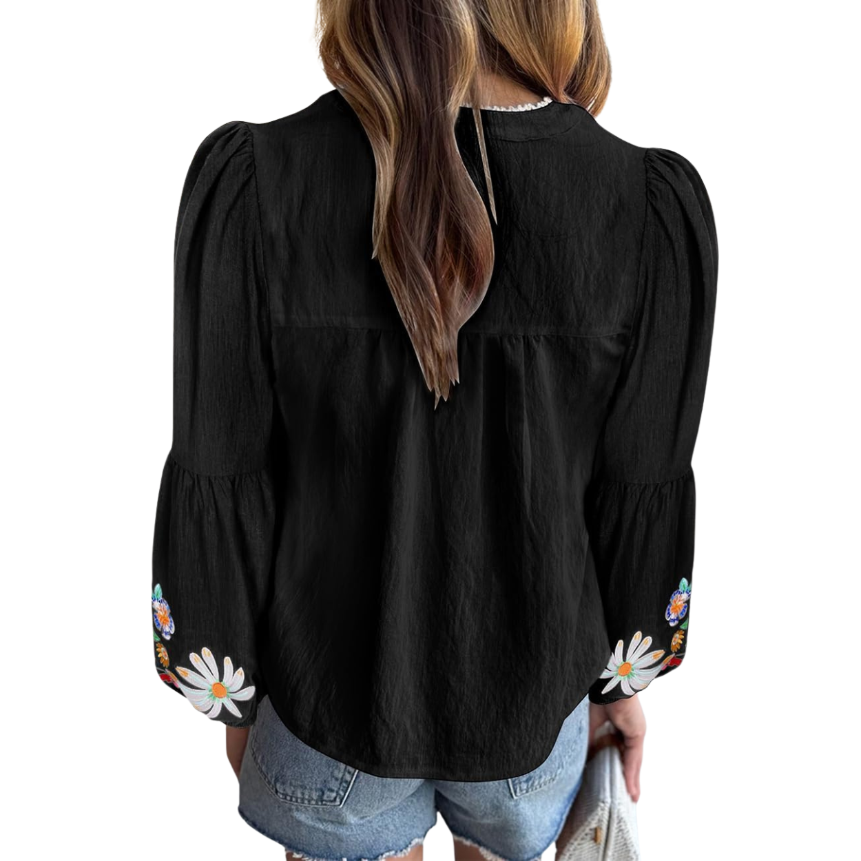 Embroidered Tops Floral Short Puff Sleeve Casual Top