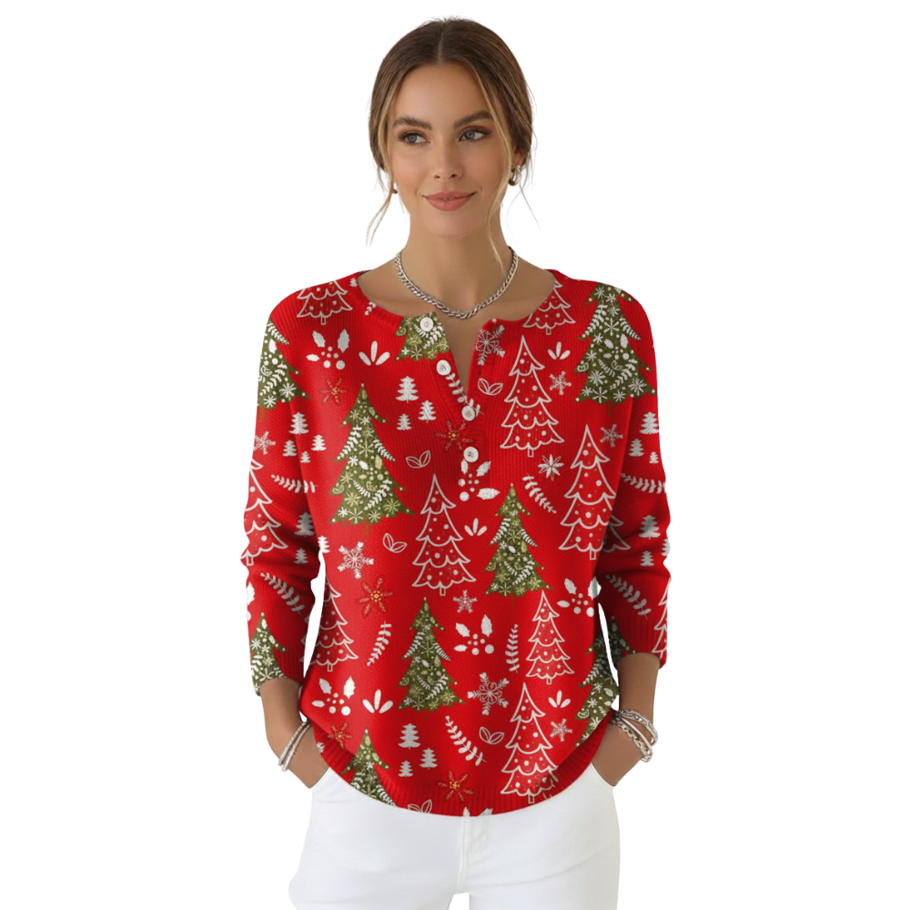 Christmas Tree Print Blouse For Women With Buttons And Floral Accents-My Comfy Blouse