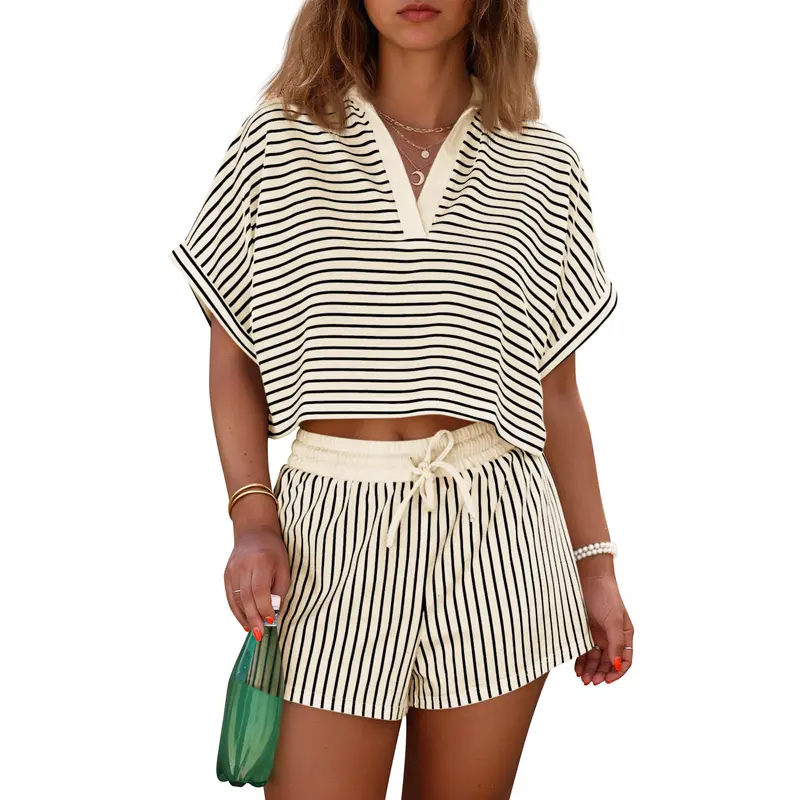2 Pieces Short Sleeve Striped Matching Set For Women