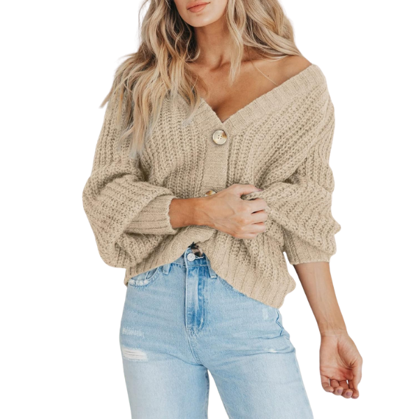 Women's Chunky Knit Open Front Sweater Long Sleeve Button Loose Short Cardigan Outerwear Coats