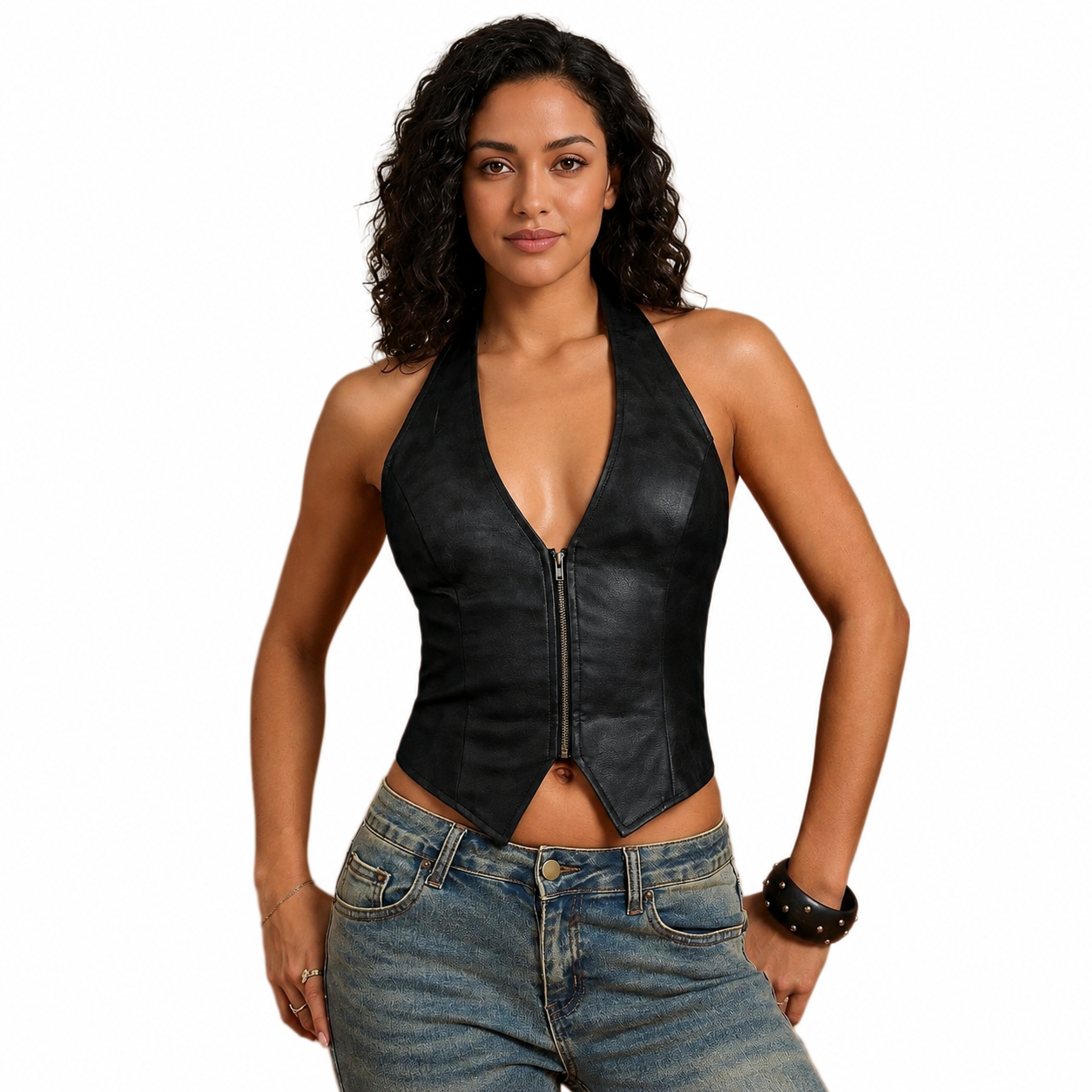 Halter PU Leather Backless Lace Up Tank Top For Women