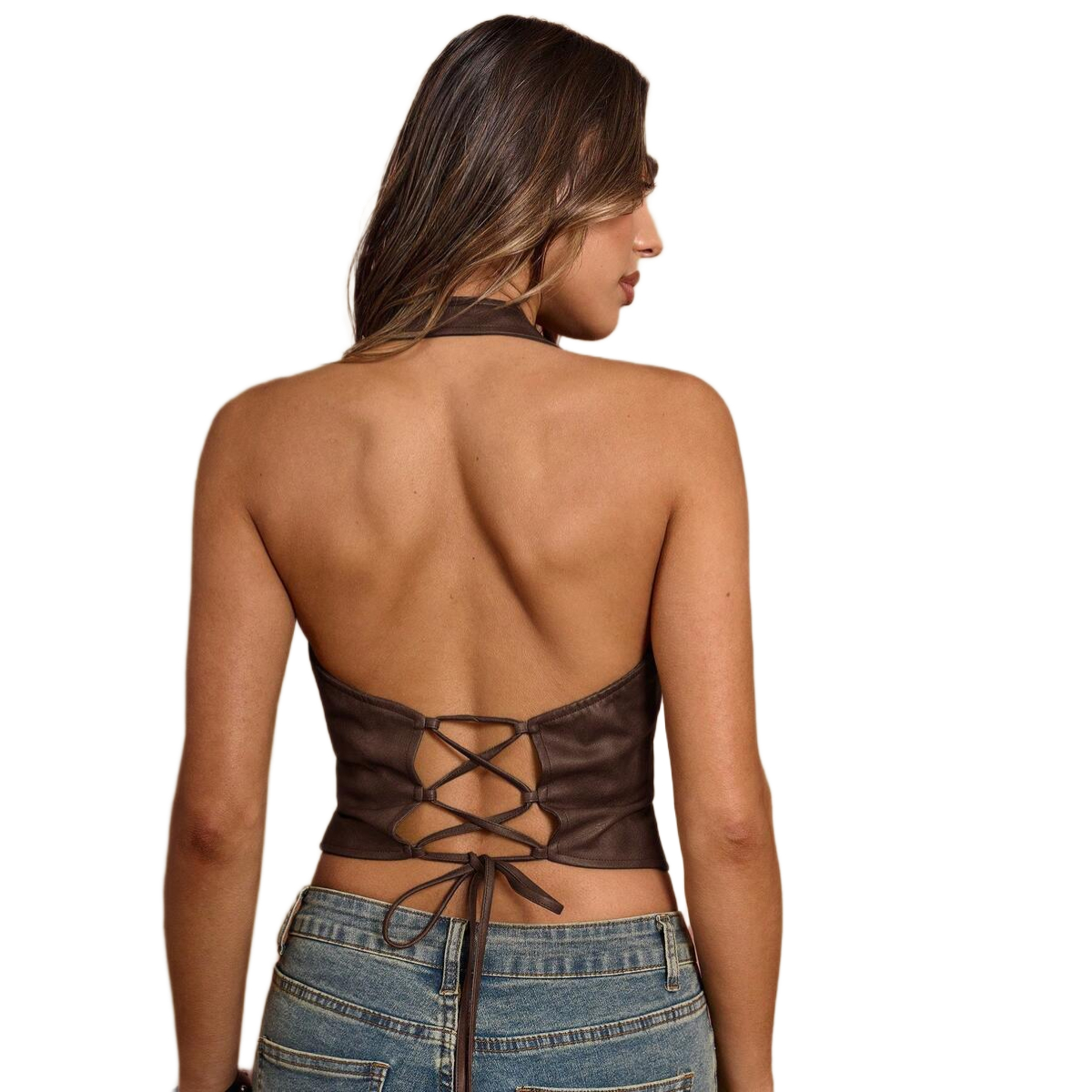 Halter PU Leather Backless Lace Up Tank Top For Women
