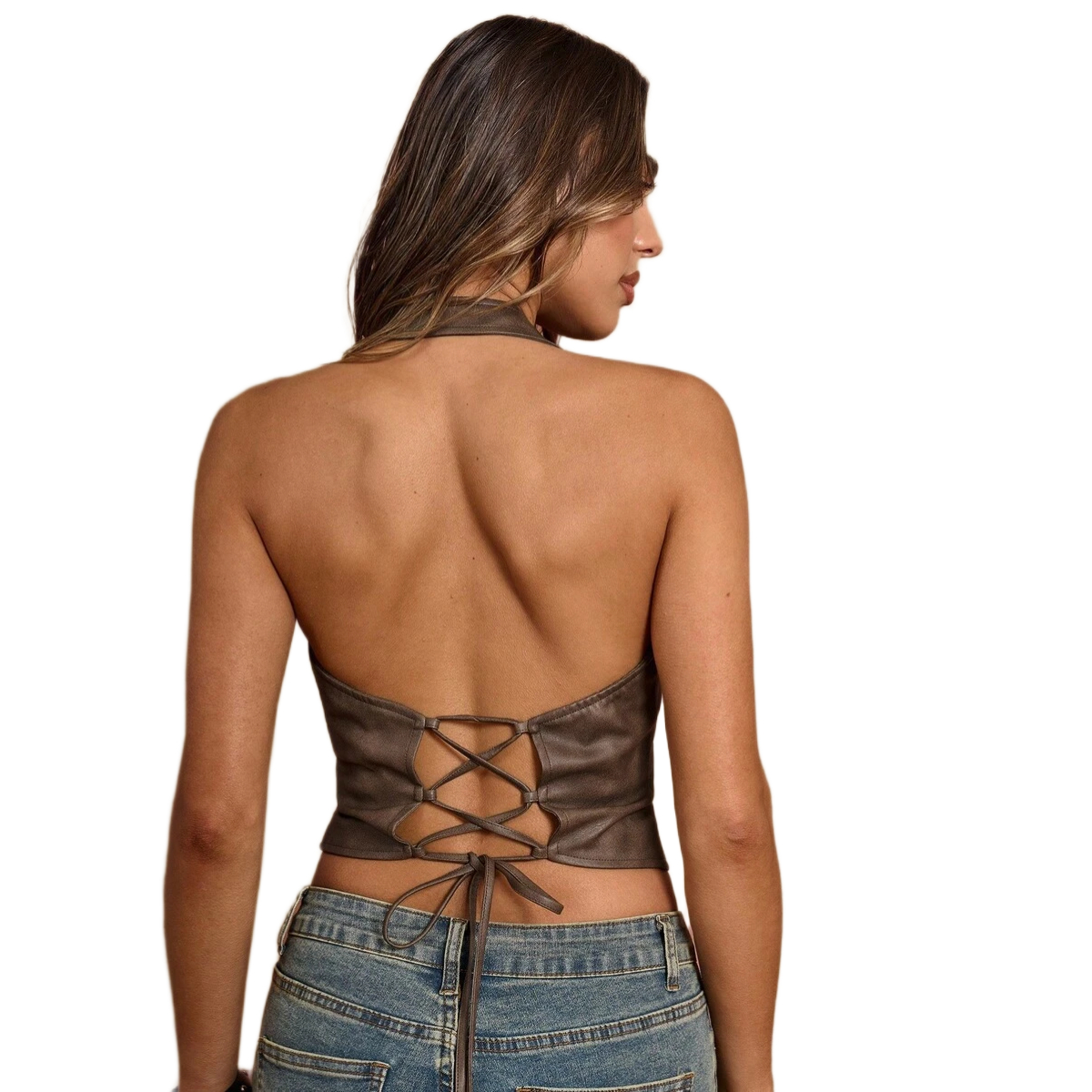 Halter PU Leather Backless Lace Up Tank Top For Women