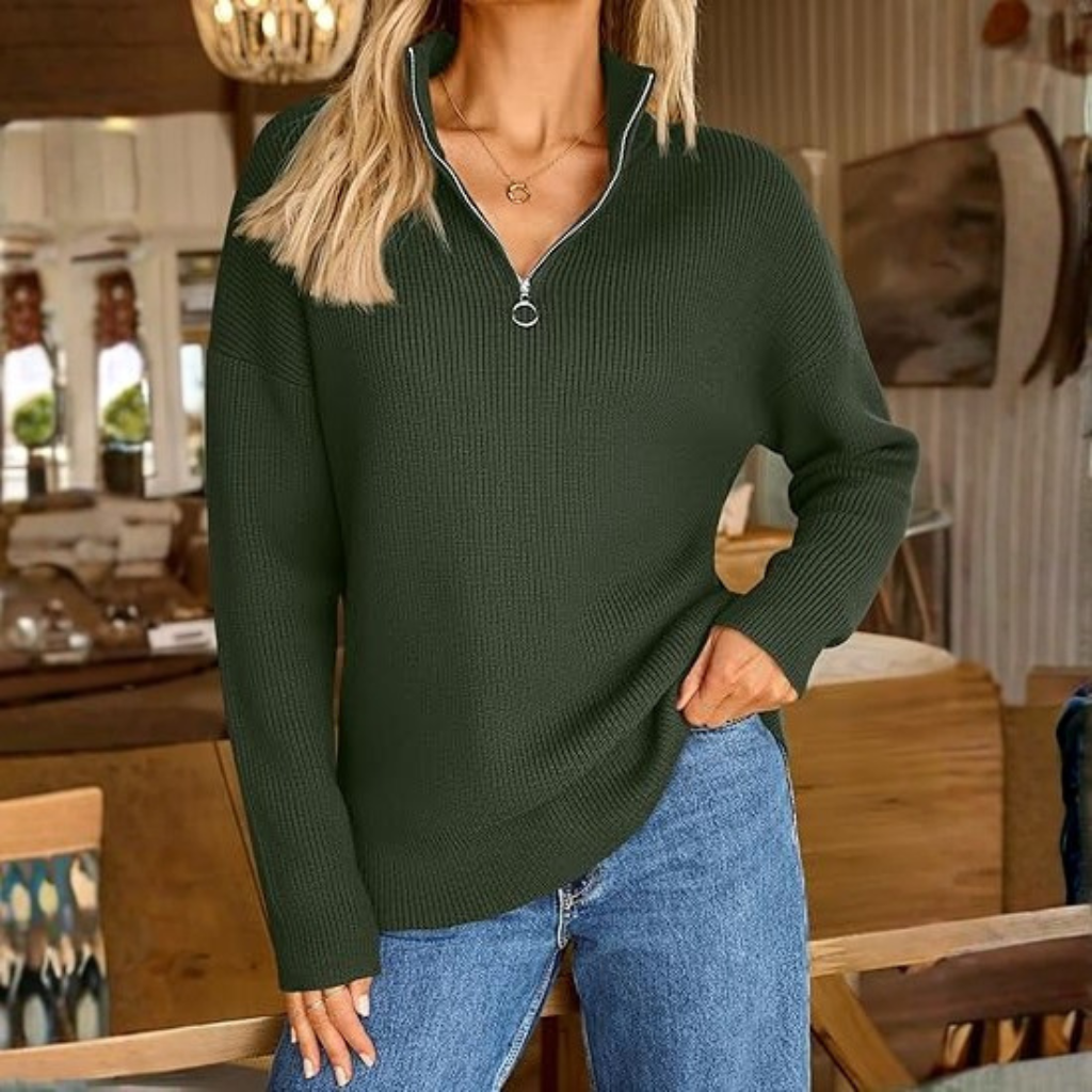 Quarter Zip Striped Design Oversized Sweater For Women