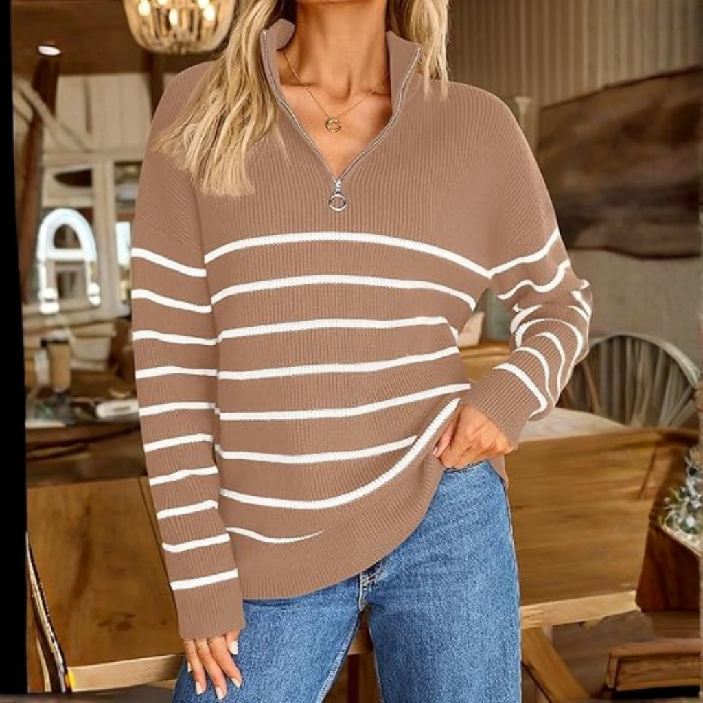 Quarter Zip Striped Design Oversized Sweater For Women