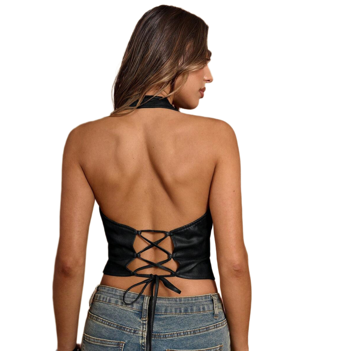 Halter PU Leather Backless Lace Up Tank Top For Women