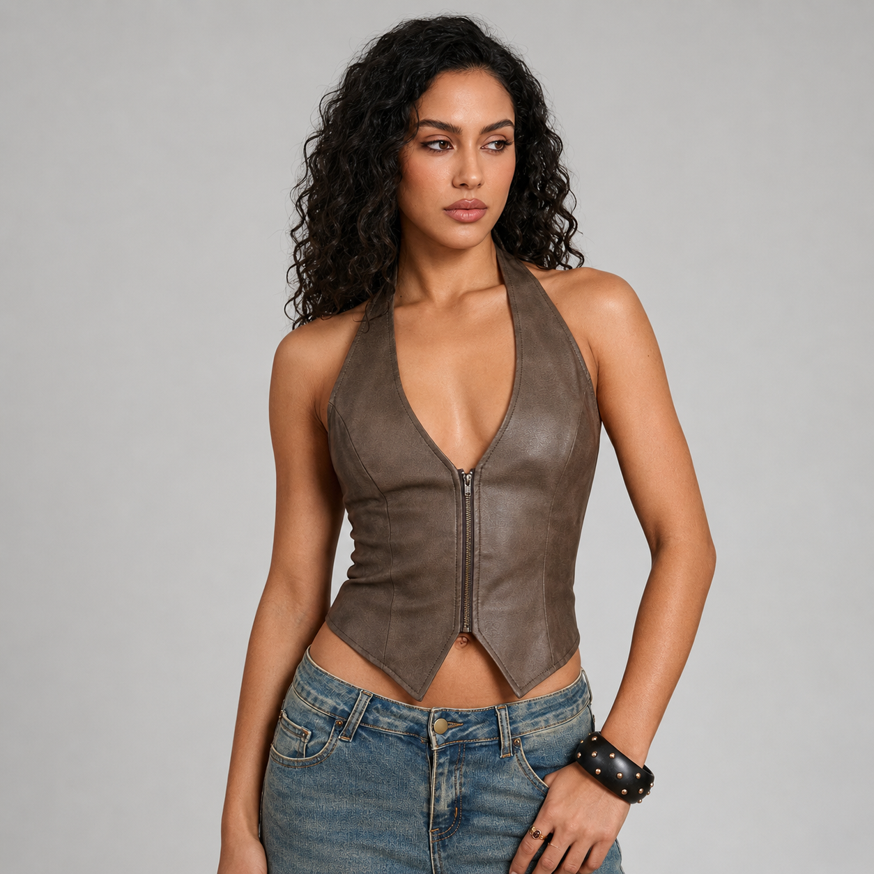 Halter PU Leather Backless Lace Up Tank Top For Women