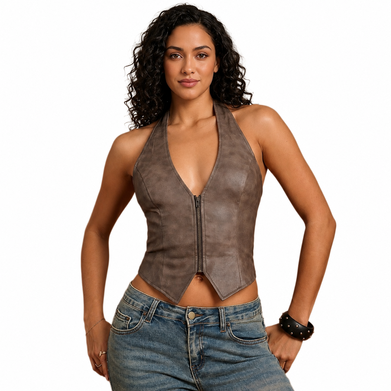Halter PU Leather Backless Lace Up Tank Top For Women