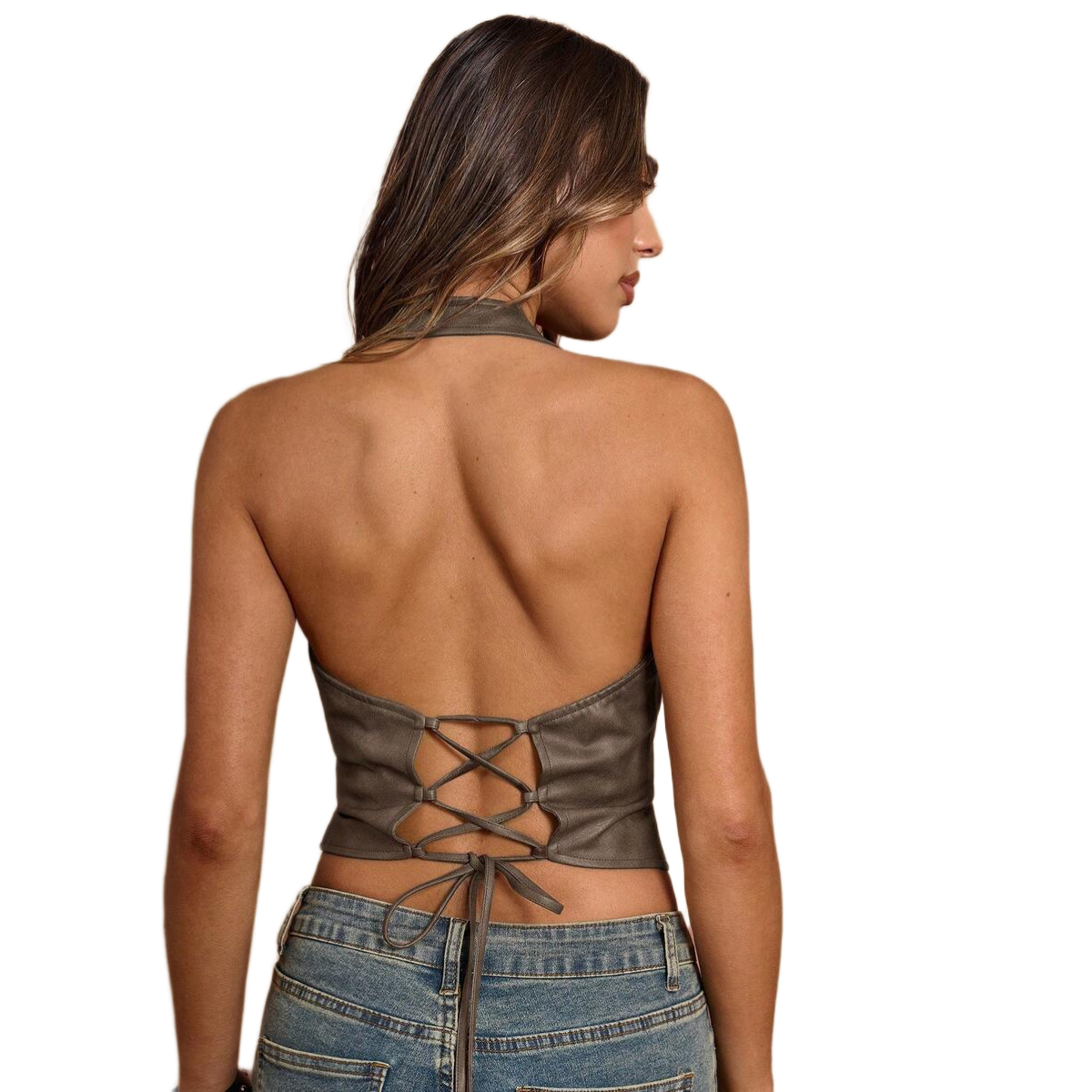 Halter PU Leather Backless Lace Up Tank Top For Women