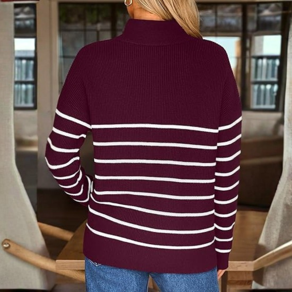 Quarter Zip Striped Design Oversized Sweater For Women