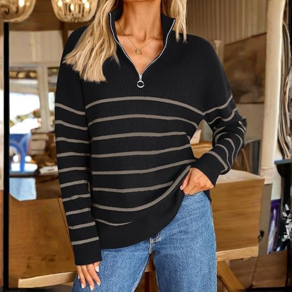 Quarter Zip Striped Design Oversized Sweater For Women