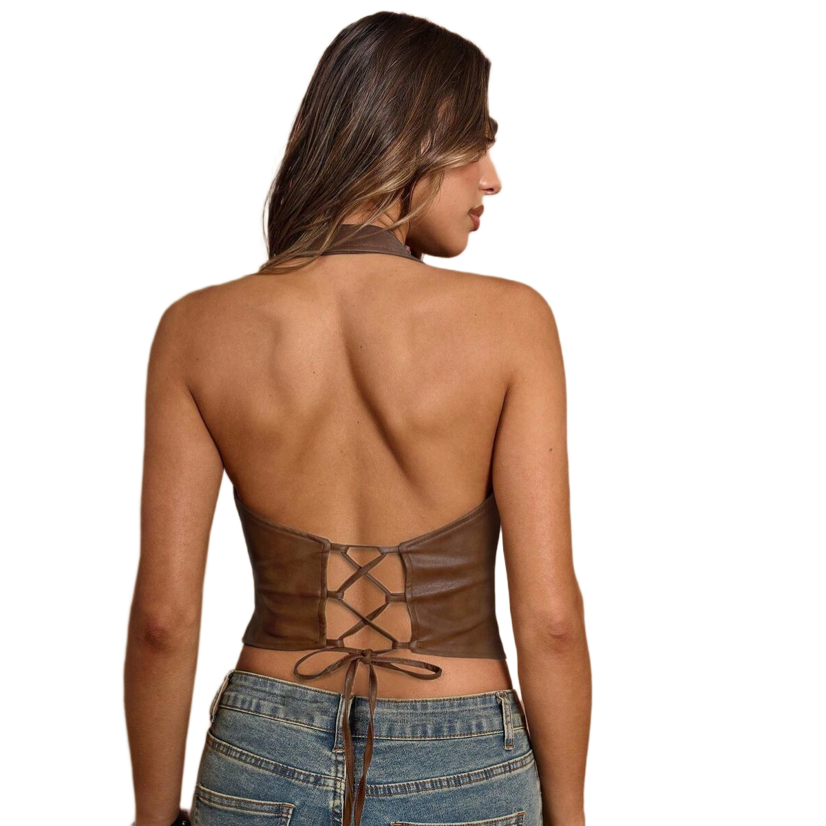 Halter PU Leather Backless Lace Up Tank Top For Women
