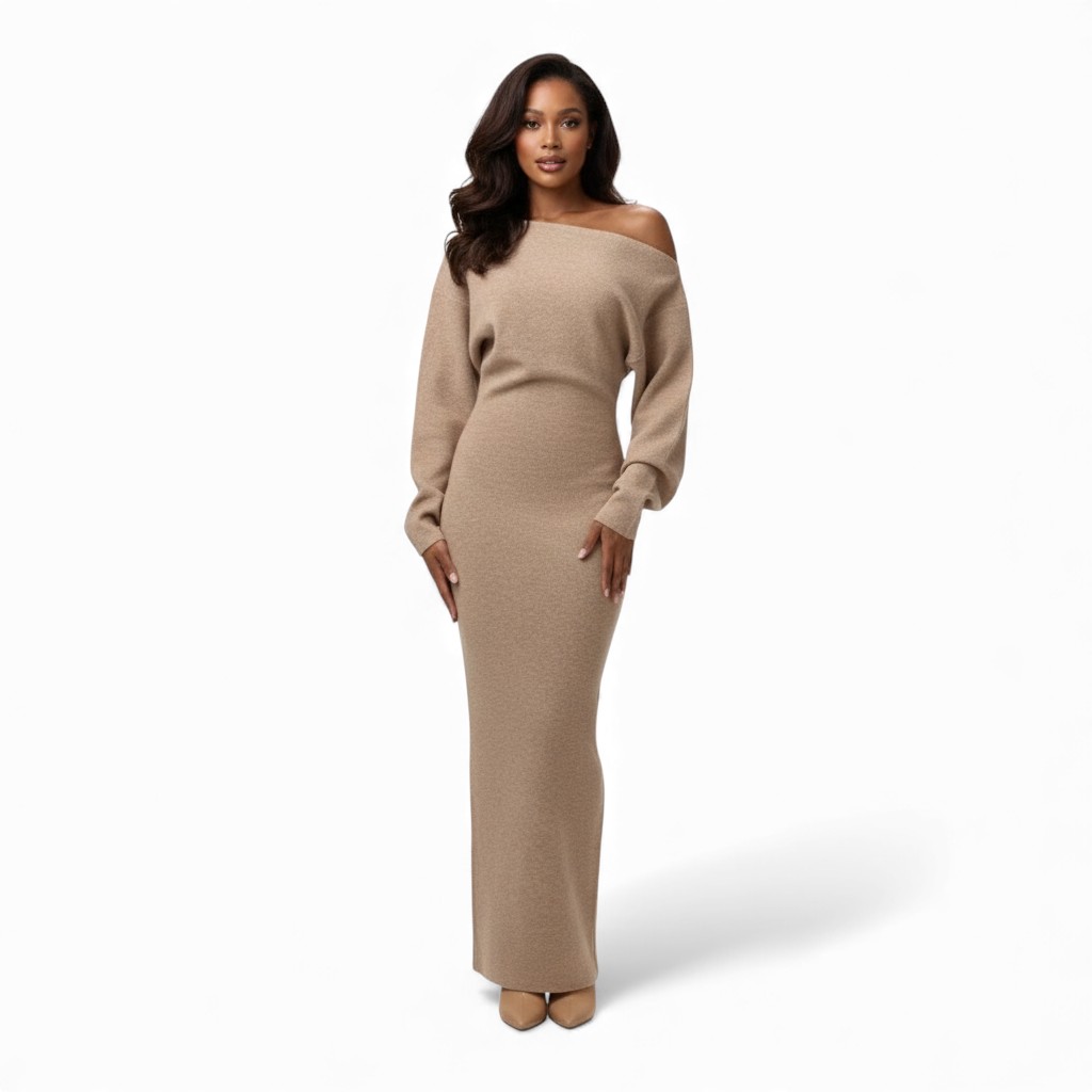 Full Length Knit Maxi Dress With Asymmetrical Top-My Comfy Blouse