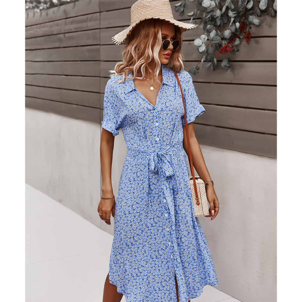 Women's Summer Floral Button Down V Neck Dresses-My Comfy Blouse