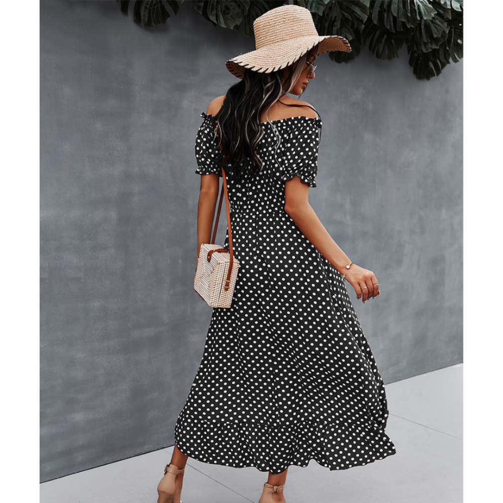 Off-Shoulder Polka Dot High Low Ruffle Hem Dress-My Comfy Blouse